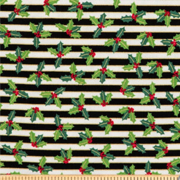 Metallic accent Holly on Stripes cotton fabric- continuous cuts- Black and White Stripes