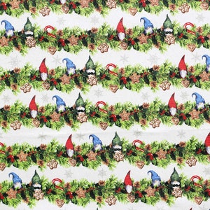 Garland Gnomes with Glitter Accent Cotton fabric by the 1/2 yard & fat Quarters - By the Yard- 100% Cotton -