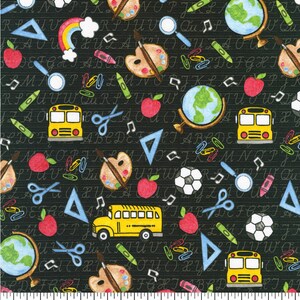 School Bus Robert Kaufman Back to School Novelty Cotton Fabric - 1/4 yard, 1/2 yard- Fat Quarter - 100% Cotton - continuous cuts