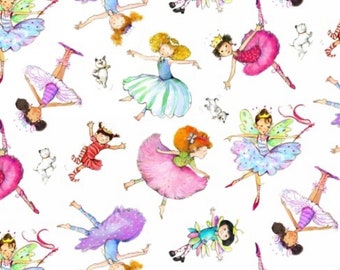 Tossed Ballerinas on white Cotton Fabric - Dear Stella - by the 1/2 yard - fat quarters -Elizabeth’s Studios