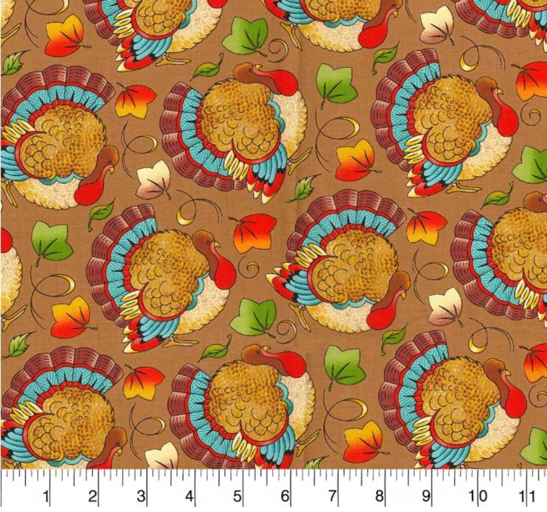 Fall Turkeys on Brown Cotton Fabric - Thanksgiving- Fall- Autumn 100% ...