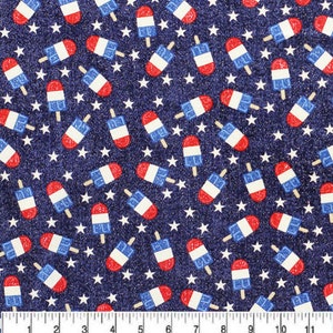 Glitter Accent Tossed Patriotic Popsicles Fabric- 1/4 yard, 1/2 yard, Fat Quarter - 100% Cotton - continuous cuts