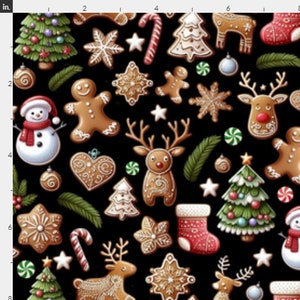 May include: A black background with a repeating pattern of gingerbread cookies, candy canes, ornaments, and Christmas trees. The cookies are decorated with icing and sprinkles. The ornaments are red, green, and silver. The Christmas trees are green and decorated with ornaments.