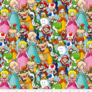 May include: A colorful and busy pattern featuring various characters from the Super Mario Bros. video game franchise. The pattern includes Mario, Luigi, Princess Peach, Toad, Bowser, Yoshi, and other characters. The background is a light blue color.