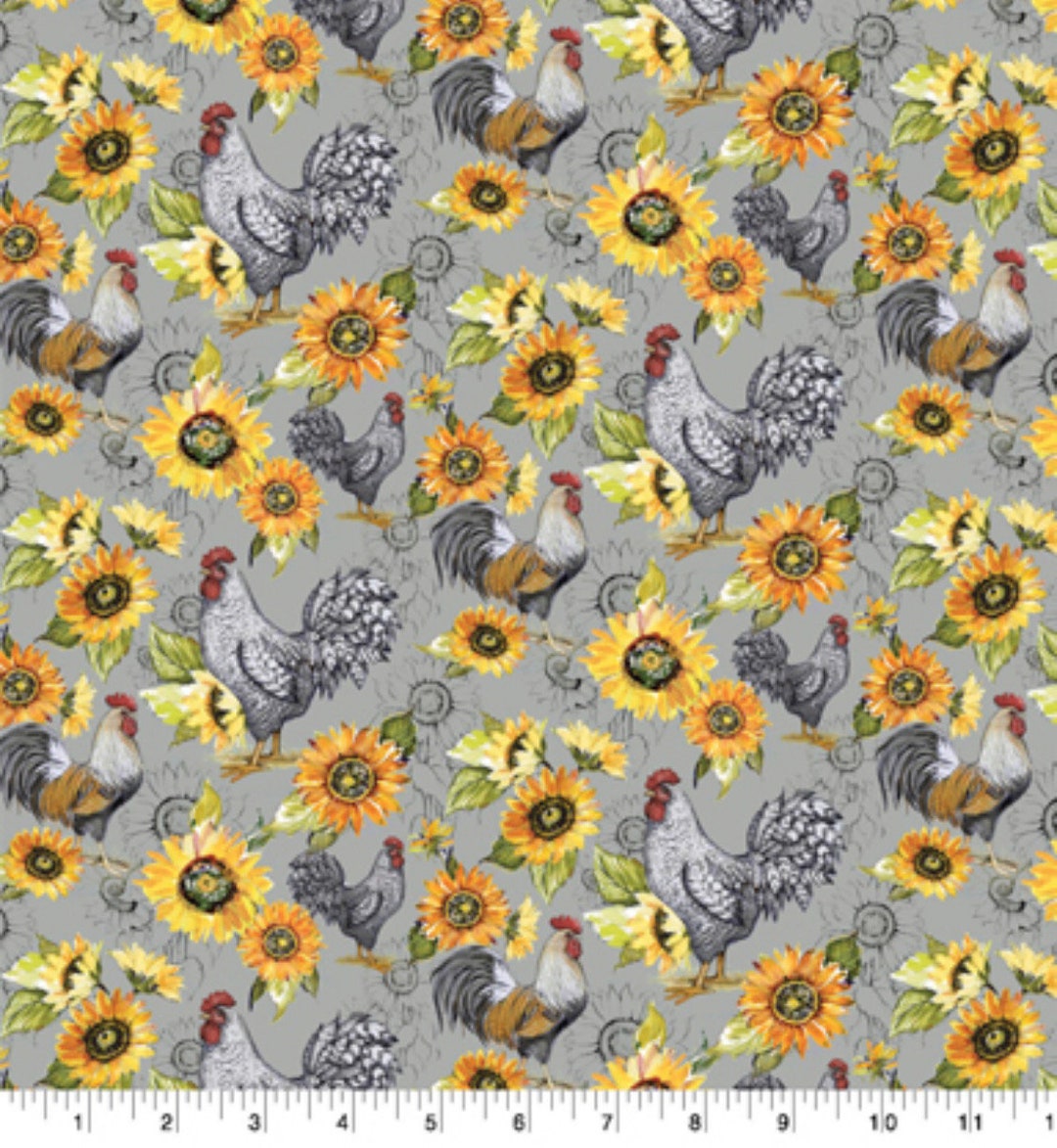 Sunflower Garden and Chickens Cotton Fabric 100% Cotton Fat Quarters ...