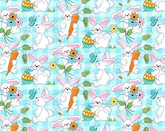 Easter Bunnies on Blue Plaid Fabric-  100% Cotton Continuous Cuts- Fabric Traditions FAT17922-B
