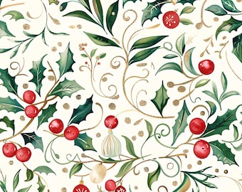 May include: A repeating pattern on a cream background featuring green holly leaves, bright red berries, and gold glitter swirls. The design includes small hanging ornaments in red and white, interspersed with scattered gold glitter dots throughout.