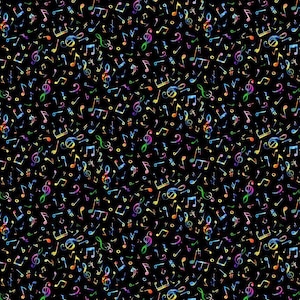May include: A black background is covered with a pattern of colorful musical notes, including treble clefs, eighth notes, and other musical symbols. The notes are in various colors, including blue, green, yellow, and purple.