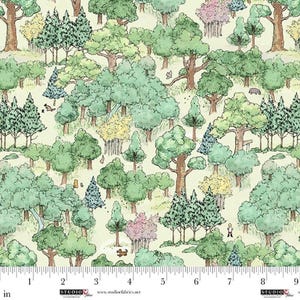 May include: A fabric with a whimsical forest scene. The design features a variety of trees in shades of green, brown, and yellow, with small figures of animals and people scattered throughout. The background is a light cream color, and the fabric is marked with inch measurements.