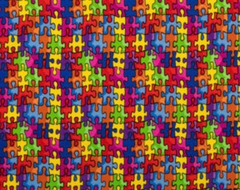 1 Half Yard 18 x 42 Puzzle Pieces Ribbons Autism Awareness Cotton Fabric DIY Mask Making