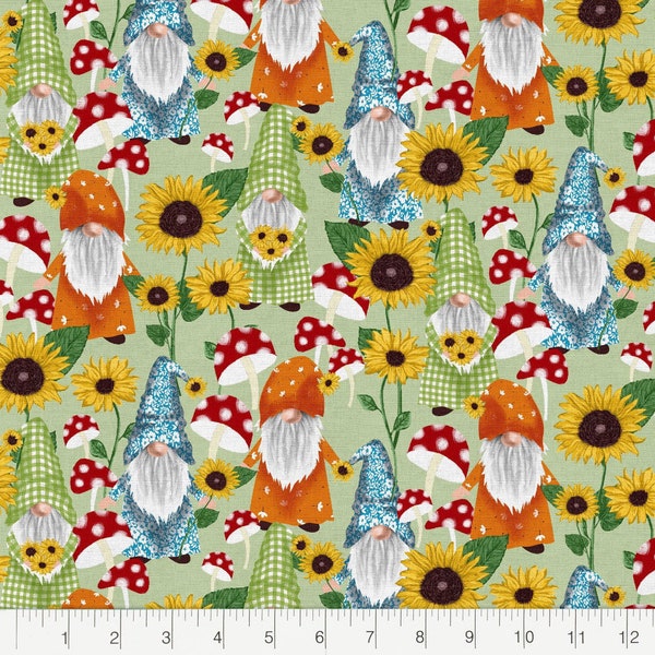 Sunflower Garden Gnomes Cotton Fabric -fabric by the 1 yard precut- & fat Quarters - 100% Cotton -