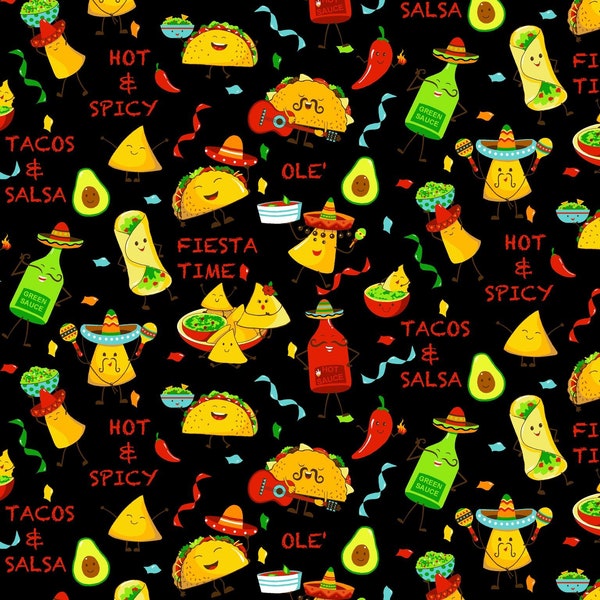 Lollie Senior Taco Snacks Cotton Fabric- Fat Quarters 1/4 yard,  1/2 yards - continuous cuts - 100% Cotton - Freckle & Lollie