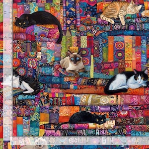 May include: A multi-colored fabric featuring a patchwork pattern of vibrant geometric and floral shapes with six cats in various poses. A ruler on the left side shows a length of 11 inches, while a ruler at the bottom shows a width of 12 inches.
