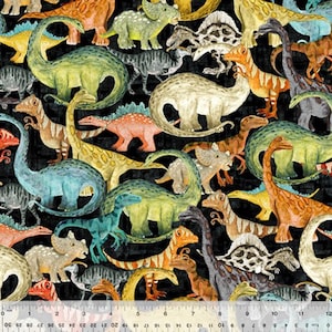 Evening Commute Dinosaurs on Black Cotton Fabric -Roar Cotton Fabric- by the 1/2 yard. Cute- roar- continuous cuts
