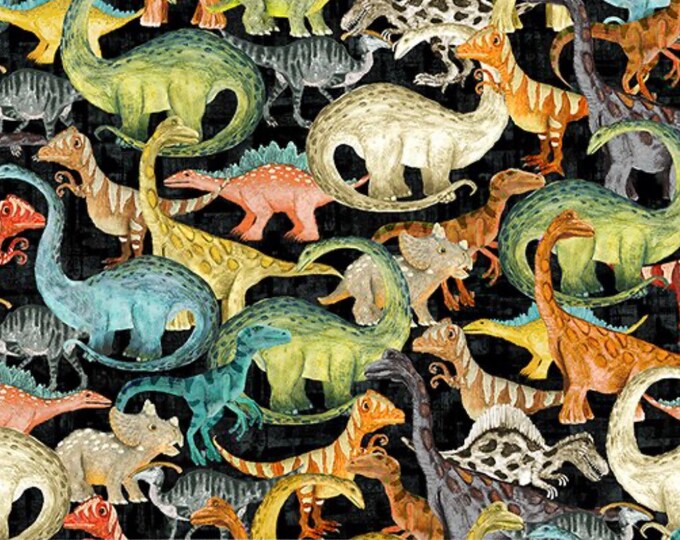 Evening Commute Dinosaurs on Black Cotton Fabric -roar Cotton Fabric ...