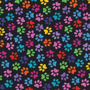 May include: A black background with a repeating pattern of colorful paw prints. The paw prints are in various shades of pink, blue, green, yellow, orange, and red.