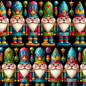 May include: A seamless pattern featuring colorful nutcracker figurines with various designs and ornaments. The nutcrackers are standing on a black background and are decorated with gold, red, green, and blue accents.