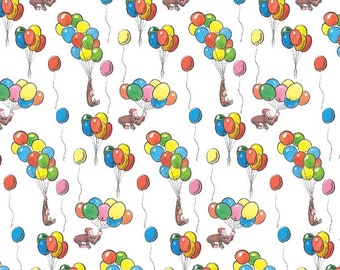 Curious George balloons on white Fabric- 1/4 yard, 1/2 yard - Fat Quarter - 100% Cotton - continuous cuts!