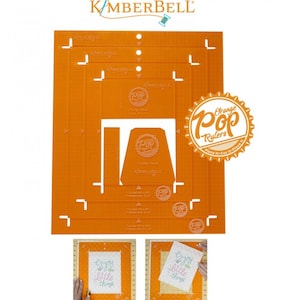 May include: Orange Pop Rulers quilting template with a ruler and a triangle shape. The template is made of orange plastic and has the words "Pop Rulers" and "Place It-Cut It-Replace It" printed on it. The template is shown with two examples of how to use it to create a square frame around a piece of fabric.