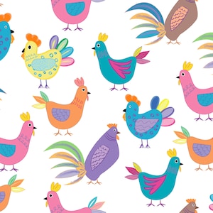 Patterned Chicken Fabric - Hens and Chicks on White- 100% Cotton - By the Yard - Fat Quarters -