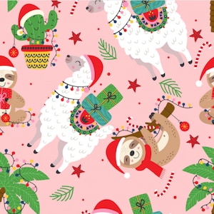 May include: A pink background with a repeating pattern of llamas, sloths, and cacti wearing Santa hats. The llamas are carrying presents and the sloths are hanging from branches. The cacti are decorated with Christmas lights.