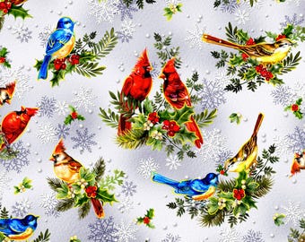 Grey - Birds in Holly Christmas Fabric - 100% Cotton - continuous cuts Oasis Fabrics OF-Noel (2025) 59-8211