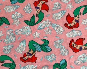 Vintage Ariel The Little Mermaid Fabric- Jersey Knit material - continuous cuts - Glitter Accent Licensed Fabric
