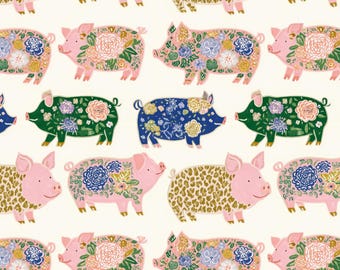 Watercolor Pigs on White Cotton fabric- Continuous cuts- 100% Cotton-
