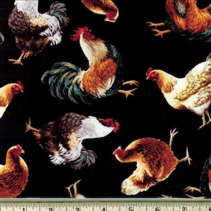 May include: Black fabric with a repeating pattern of colorful roosters and hens. The roosters have red combs and wattles, and the hens have yellow combs and wattles. The fabric is perfect for quilting, crafts, and home decor.