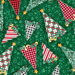 May include: A festive fabric pattern featuring stylized Christmas trees in various designs including red and black buffalo plaid, red and white stripes, and green and white tartan, set against a dark green background with swirling leaf motifs.