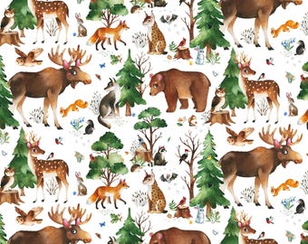 May include: A repeating pattern featuring watercolor illustrations of forest animals, including moose, deer, foxes, bears, and owls, set against a white background. The design incorporates trees, birds, and small flowers, creating a whimsical woodland theme.