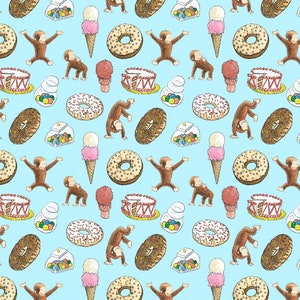 Curious George donuts on blue -Fabric- 1/4 yard, 1/2 yard, Remnant - Fat Quarter - 100% Cotton - bananas -by the yard