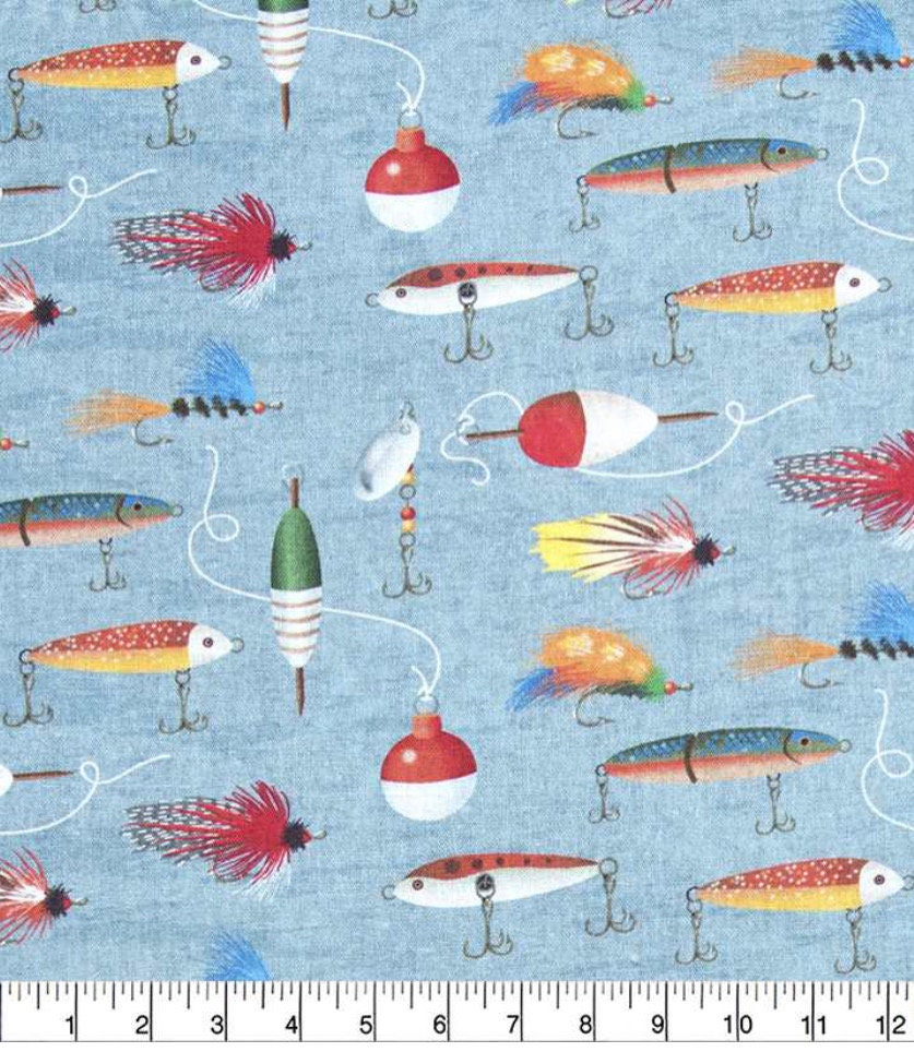 Fishing lures and Bobbers on Blue Novelty cotton fabric- by the 1/2 yard,  quarter cuts, continuous cuts- fast shipping!