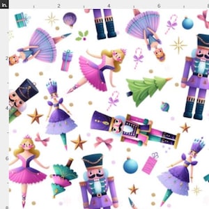 May include: A seamless pattern featuring a whimsical Christmas theme with a white background. The pattern includes nutcracker soldiers, ballerinas, candy canes, and Christmas trees. The nutcracker soldiers are purple and green, while the ballerinas are wearing pink and purple tutus. The candy canes are red and white, and the Christmas trees are green.