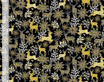 Christmas Deer and Floral Metallic Accent 100% Cotton Fabric- continuous cuts- TT-Holiday CM3623 Black - Deer & Floral Metallic