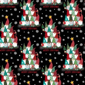 May include: A black background with a repeating pattern of gnomes wearing red, green, and blue hats. The gnomes are holding Christmas trees, candy canes, and presents. The text "Merry Christmas" is repeated throughout the pattern.