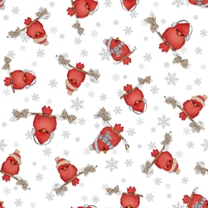 May include: A repeating pattern of red cardinal birds perched on branches, adorned with winter hats and scarves. The birds are set against a white background with scattered gray snowflakes, creating a festive, seasonal design.
