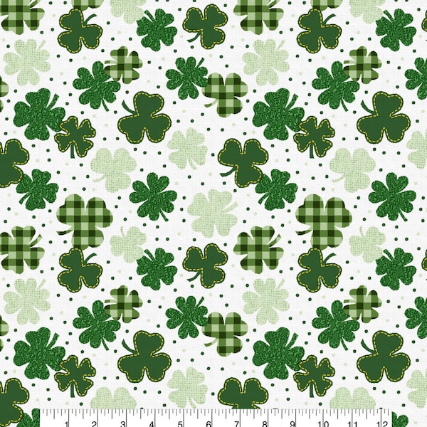 Happy St. Patrick’s Day Gingham Clover on White cotton fabric- 1/4 yard, 1/2 yard- Fat Quarters - 100% Cotton - continuous cuts