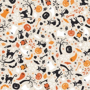May include: A seamless pattern featuring a variety of Halloween-themed illustrations, including black cats, owls, ghosts, pumpkins, bats, keys, and stars. The background is a light beige color.