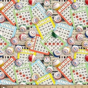 May include: A colorful pattern of bingo cards and numbered balls. The cards are in various colors, with numbers and the word "BINGO" printed on them. The balls have numbers from 1 to 75.