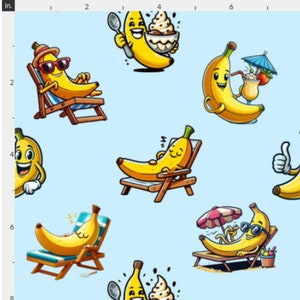 May include: A blue background with a repeating pattern of cartoon bananas in various poses. Some bananas are wearing sunglasses, hats, and are relaxing on beach chairs. Others are eating ice cream or drinking cocktails.