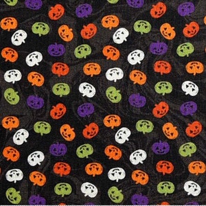 May include: Black fabric with a repeating pattern of orange, green, white, and purple jack-o'-lantern faces.
