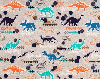 Dinosaurs on grey - Fat Quarter - 100% Cotton - Navy - Orange - Blue