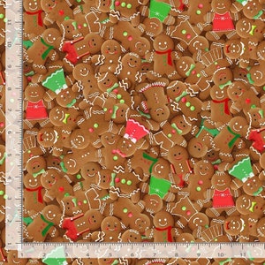 May include: A seamless pattern featuring gingerbread people in various poses and wearing different festive outfits, including red and green dresses, scarves, and bow ties. The gingerbread people are arranged in a random pattern against a brown background.