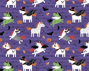 Unicorns and Halloween on purple - Fabric- Fat Quarters - By the Yard - 1/4 yd, 1/2 yd -100% Cotton - Fabric Remnants