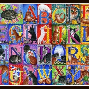 May include: A colorful cat alphabet illustration. Each letter is a different color and features a cat in various poses. The word "CAT ALPHABET" is at the top. The artwork is framed in a black border.
