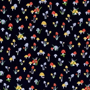 Mini mushrooms on dark navy fabric- By the Yard- 100% Cotton - Fabric Remnants