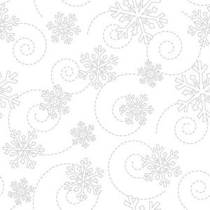 May include: A white background with a repeating pattern of gray snowflakes and gray dashed lines forming swirls.
