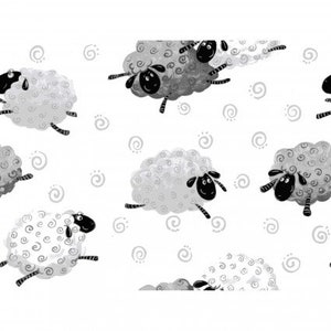 May include: A seamless pattern featuring black and white sheep with curly fur. The sheep are drawn in a cartoon style and are running in different directions. The background is white with a subtle swirl pattern.