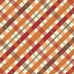 May include: Diagonal plaid pattern in shades of orange, red, brown, and cream. The design features intersecting stripes creating a classic, textured look. The pattern is suitable for various applications, including fabric and digital designs.